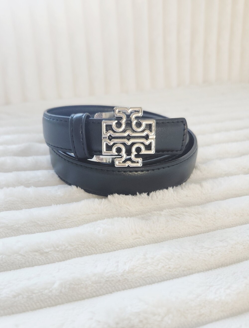 Tory Burch Skinny Logo Belt Black with Silver Buckle